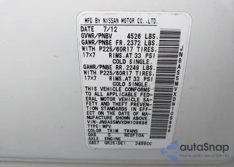 2013 Nissan Rogue Sv z USA, uszkodzony, nr VIN JN8AS5MVXDW109686